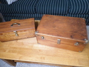 lot 183 image: Pair of toolbox style wood storage boxes with harps so you can add a lock to secure your treasures
