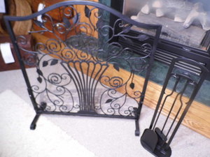 lot 187 image: Black Wrought-iron Fireplace screen and tools
