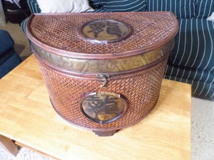 lot 192 image: Crescent shaped Asian style decorative Wicker Rattan lidded storage box