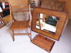 lot 203 image: Missionary Style slatted wood folding chair, Wicker Rattan tray Style basket and Large square wood encased wall mirror