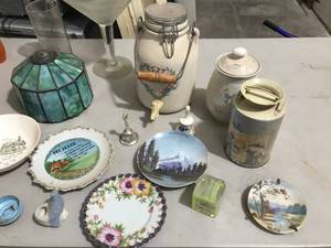lot 125 image: Misc plates, glasses, large martini glass, bells