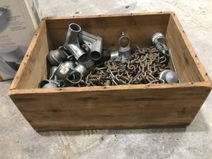 lot 158 image: Tote of Fencing Parts & Chain in Wooden Crate