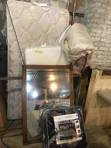 lot 212 image: Twin Mattress, Crib Mattress, Mirror and comforters.