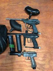 lot 350 image: Paintball Guns, accessories and bag.