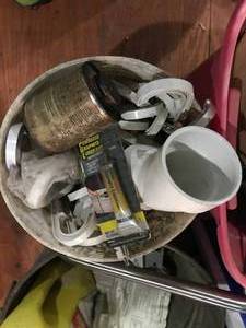 lot 435 image: Large lot of painting goods, wiring, duct work, filters, shelving mounts and air grill.
