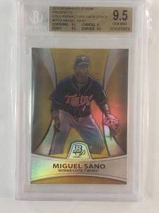 lot 17 image: Miguel Sano 2010 Bowman Platinum Prospects Gold Refractor Thick Stock No. PP28, Beckett Graded 9.5 Gem Mint