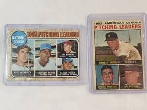 lot 66 image: Lot of 2 Vintage 1967 National League Pitching Leaders Topps No. 9, 1963 American League Pitching Leaders Topps No. 4
