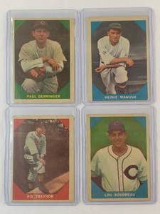 lot 75 image: Lot of 4 Vintage from 1960 Pie Traynor No. 77, Lou Boudreau No. 16, Paul Derringer No. 43, Heinie Manush No. 18