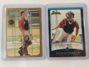 lot 92 image: Justin Morneau - Lot of 2 Rookie Cards 2001 Bowman No. 361, Just Memorabilia No. TPP.07