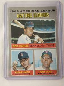lot 100 image: 1969 American League Batting Leaders Carew, Smith, Oliva Topps No. 62