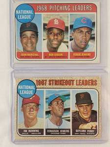 lot 111 image: Lot of 2 Vintage 1968 National League Pitching Leaders Topps No. 10, 1967 National League Strikeout Leaders Topps No. 11