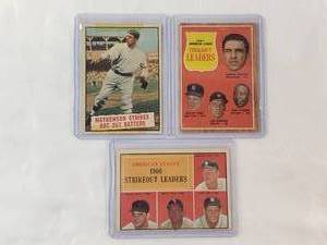 lot 114 image: Lot of 3 Vintage 1961 Mathewson Strikes Out 267 No. 408, 1960 AL Strikout Leaders No. 50, 1961 AL Strikout Leaders No. 59