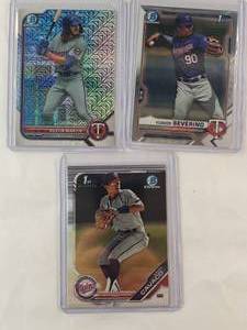 lot 138 image: Lot of 3 Twins Yunior Severino 2021 Chrome BCP-140, Austin Martin 2022 Chrome BCP-139, Keoni Cavaco 2019 1st Bowman BDC-65