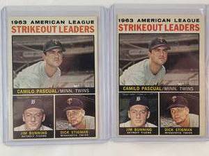 lot 160 image: Lot of 2 1963 American League Strikeout Leaders Pascual, Bunning, Stigman Topps No. 6