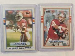 lot 233 image: Lot of 2 Joe Montana 1989 Topps No. 12, Jerry Rice Topps All-Pro 1989 No. 7