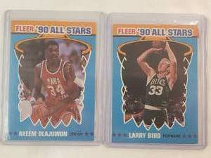 lot 289 image: Lot of 2 Fleer 90 All-Stars Larry Bird No. 2 of 12, Akeem Alajuwon No. 3 of 12