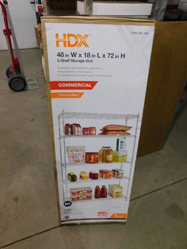 lot 39 image: HDX 5-Tier Commercial Grade Heavy Duty Steel Wire Shelving Unit in Chrome (48 in. W x 72 in. H x 18 in. D)