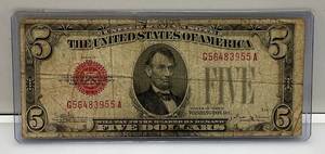 lot 16 image: 1928 D $5 Bill Red Seal