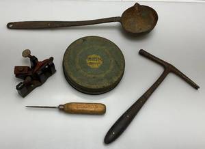 lot 73 image: Misc. VintageItems Including  Cast Iron Blacksmith Smelting Ladle Single Spout & More