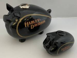 lot 80 image: Vintage Harley Davidson Piggy Banks (Large One Has Chip On Top & Repaired Ear) 10 12 x 6