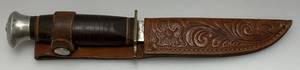 lot 103 image: Vintage 1950s Kienel & Piel Solingen, Germany Hunting Knife With Stamped Leather Sheath