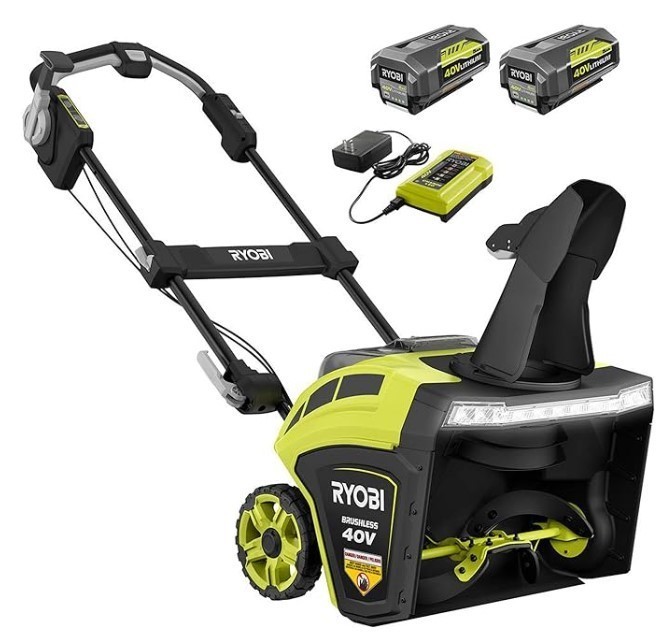 lot 2 image: RYOBI 21 in. 40-Volt Brushless Cordless Electric Snow Blower with Two 5.0 Ah Batteries and Charger Included (Handles need to be tightened)- Works, NEW Low reserve of $350.00