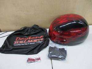 lot 650 image: Daytona HELMETS Motorcycle Half Helmet Skull Cap- Skull Flames Red 100% DOT Approved MEDIUM  USED, HAS LITTLE SCRATCHES