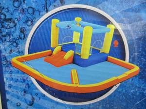 lot 653 image: Bestway H2OGO Beach Bounce Kids Inflatable Outdoor Water Park with Water Wall, Ground Stakes, Storage Bag, and Air Blower for Quick Setup NEW