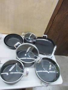 lot 655 image: All-Clad Essentials Hard Anodized Nonstick Cookware Set 10 Piece Oven Safe 350F Pots and Pans Black NEW MISSING POT STRAINER