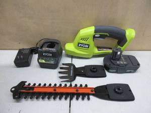 lot 663 image: RYOBI ONE 18-Volt Lithium-Ion Cordless Grass Shear and Shrubber Trimmer - 1.3 Ah Battery and Charger Included NEW, TESTED, WORKS