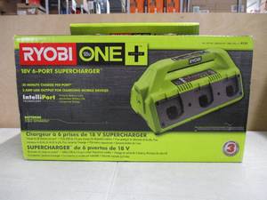 lot 675 image: RYOBI P135 18V One 6 Port Lithium Ion Battery Supercharger (Charger Only) - Open Box, Tested, Like New