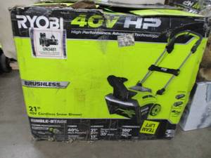 lot 12 image: Ryobi 40V HP Single Stage, Brushless 21 SNOW THROWER - Scratch and Dent, Missing Batteries and Charger, Broken Handle Lock, Runs - For PartsRestore