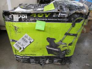 lot 13 image: Ryobi 40V HP Single Stage, Brushless 21 SNOW THROWER - Scratch and Dent, Missing Batteries and Charger, Both Wheel Are Broken, Runs - For PartsRestore.