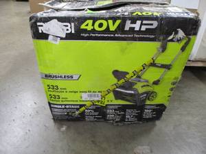 lot 14 image: Ryobi 40V HP Single Stage, Brushless 21 SNOW THROWER - Scratch and Dent, Missing Batteries and Charger, Cracked Piece on Handle Bars making them Wobble, Runs - For PartsRestore.