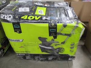 lot 15 image: Ryobi 40V HP Single Stage, Brushless 21 SNOW THROWER - Scratch and Dent, Missing Batteries and Charger, Broken Wheel, Runs - For PartsRestore.
