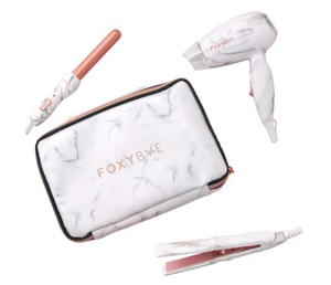 lot 711 image: FoxyBae Mini Travel Kit with Mini Flat Iron Wand and Dryer - Open Box, Looks Unused.