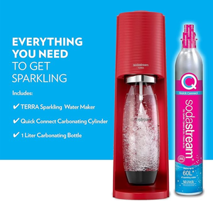 lot 713 image: SodaStream Terra Sparkling Water Maker (Red) with CO2 and DWS Bottle - Open Box, Never Used. In nice condition.