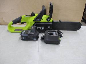 lot 715 image: Ryobi ONE 10 in. HP 18V Brushless Lithium-Ion Electric Cordless Battery Chainsaw - 4.0 Ah Battery and Charger Included - USED, WORKS