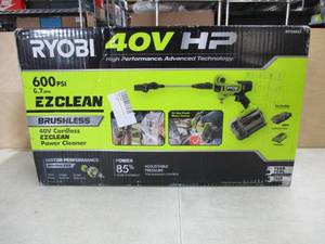 lot 721 image: RYOBI HP Brushless EZClean 600 PSI 0.7 GPM 40 Volt HP Cold Water Cleaner with 2.0 Ah Battery and Charger (11.3, 1), Slightly Used, Works
