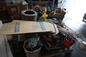Pallet of Parts and Pieces Including Lighting, Red Plexiglass, Steel Latch Hook Etc.