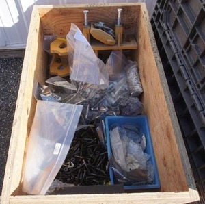 Wood Crate of Hardware, Organizers, Parts and Pieces Etc.