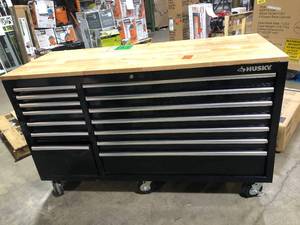 Husky 62 in. W x 24 in. D Standard Duty 14-Drawer Mobile Workbench Cabinet Tool Chest with Solid Wood Top in Gloss Black   Customer Returns See Pictures