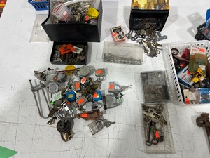 TABLE FULL OF OLD TOOLS, LOCKS , & KEYS