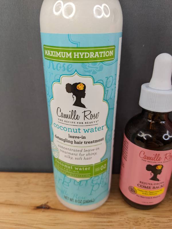 lot 22C image: Brand New Camille Rose The Coconut Water Collection Detangling Leave-In Hair Treatment 8 oz, Rejuva Drops Grow Back, 1.9 fl. oz., All Hair Type and Cocoa Nibs  Honey Ultimate Strength Serum 8 oz I