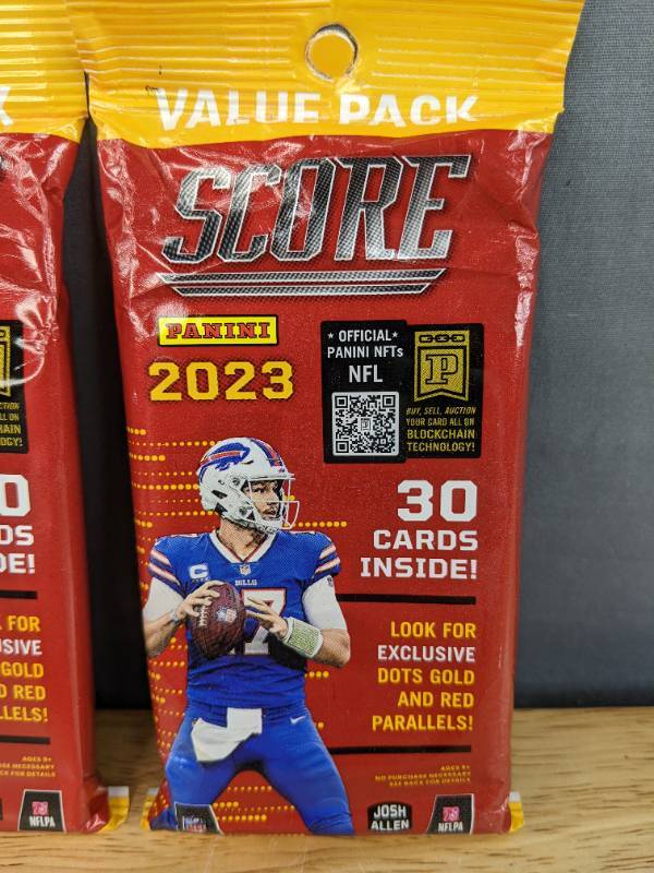 lot 26B image: 3 Brand New 2023 Panini Score NFL Football Card Packs Josh Allen I