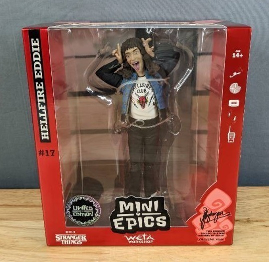 lot 54B image: Brand New Weta Workshop Mini Epics - Stranger Things (Season 4) - Hellfire Eddie (Limited Edition) Figurine & Stranger Things Season One 4-Disc Blu-RayDVD Set & Collectible Poster F
