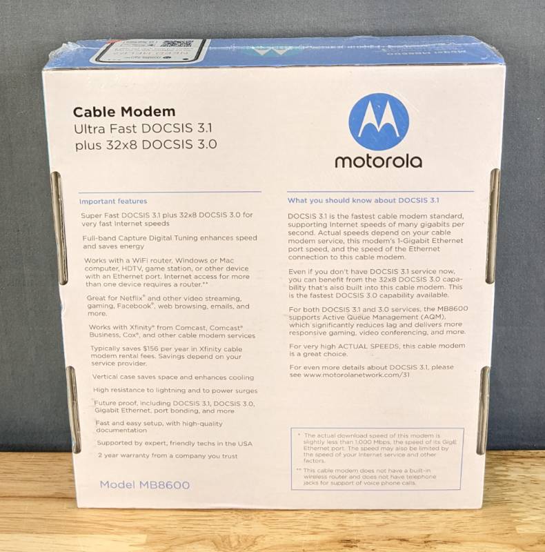 lot 35C image: Brand New Motorola MB8600 DOCSIS 3.1 Ultra-High Speed Cable Modem  Approved for Xfinity by Comcast, Spectrum, Cox  Supports Cable Plans up to 1000 Mbps Y