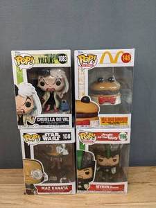 lot 19 image: 4 New Funko POP Figurines Villains Cruella De Vil, McDonalds Meal Squad Hamburger, Jingle All the Way Myron, Star Wars Max Kanata E