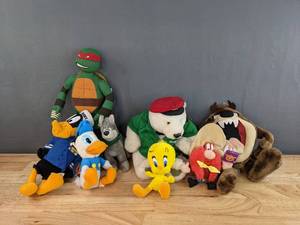 lot 91 image: Lot of 8 Plush Stuffed Animal Toys Donald Duck, TMNT, Looney Tune Characters and More E