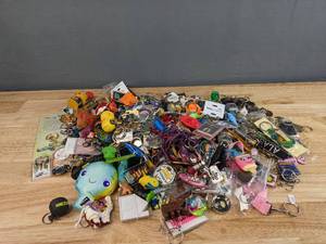 lot 128A image: Large Assortment of Fun Keychains - Emojis, NFL Packers, M&Ms, Animals, PowerPuff Girls, States, and much more E